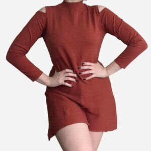 Burnt orange knit mini dress with cold shoulder detail